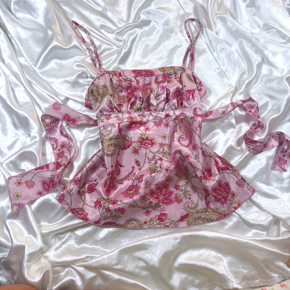 y2k Camisole Pink Excellent Paisley Floral Satin Empire Waist Tie Back Top